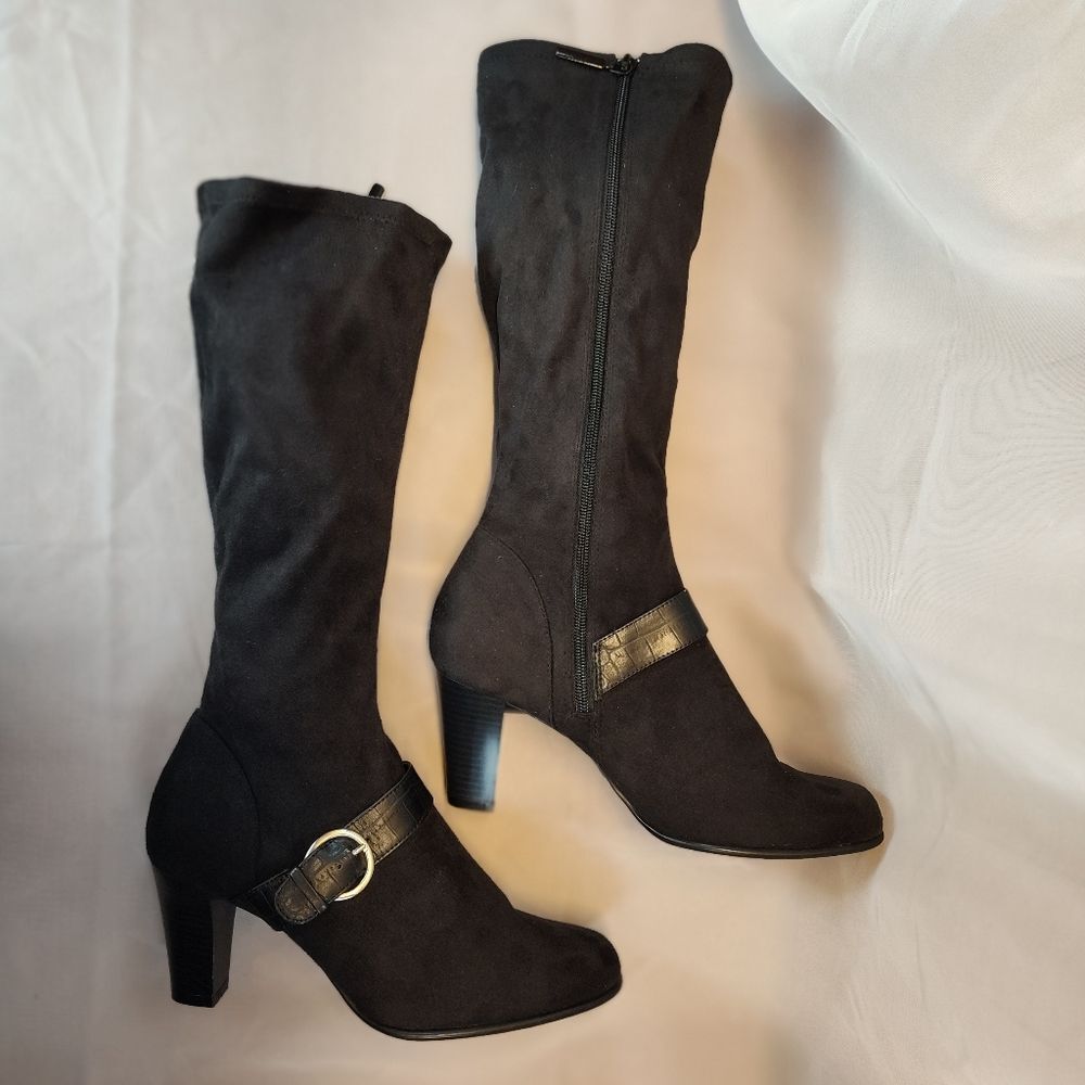 Predictions Boots Black Womens10W Stretchy Upper High Heel Kneehigh Buckle